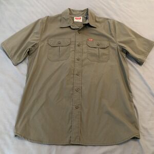 Wrangler Shirt Mens Medium Green Solid Button Front Short Sleeve Stretch Casual